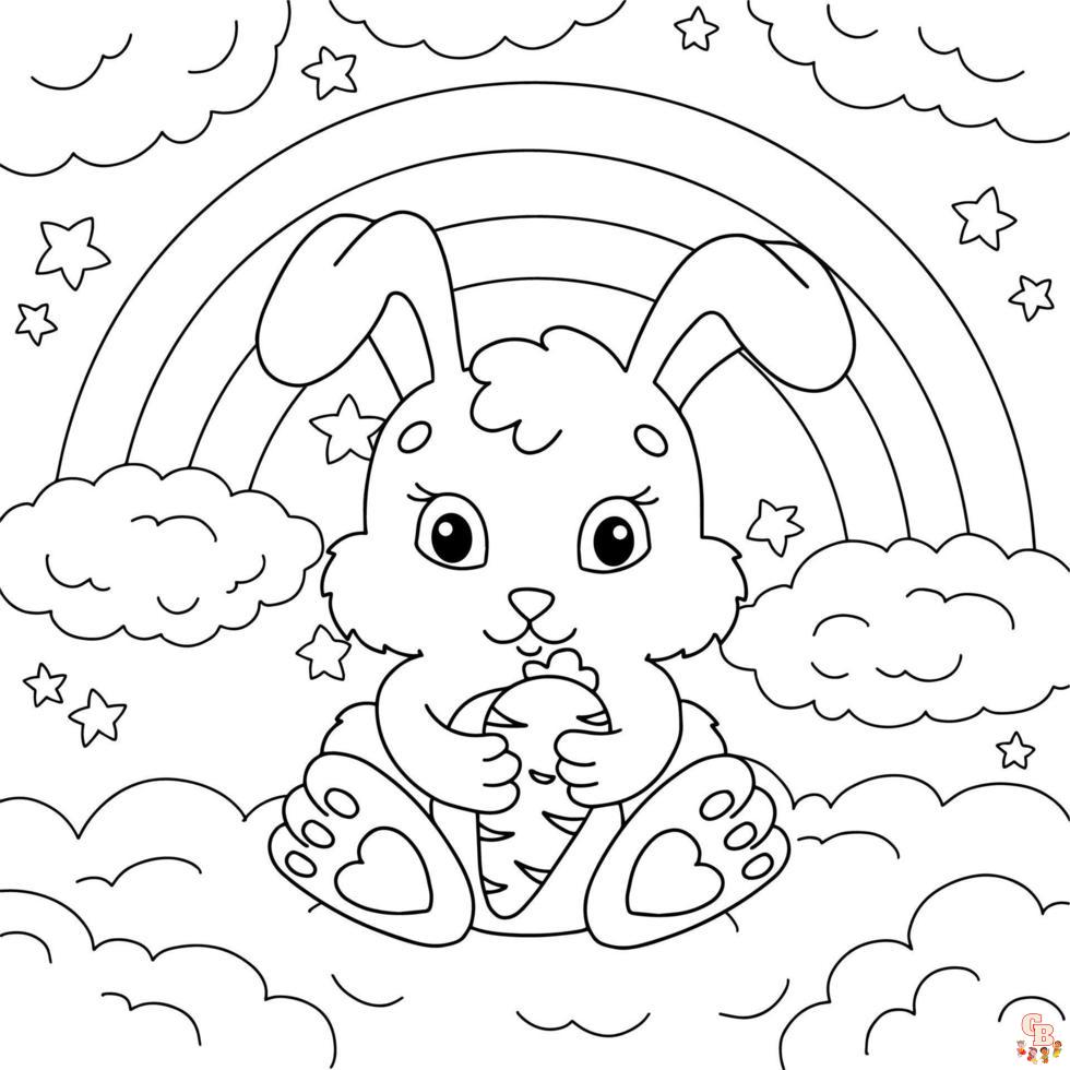 Coloriage Lapin Dessin animé, Pâques, réaliste, sautant, mignon, avec fleurs