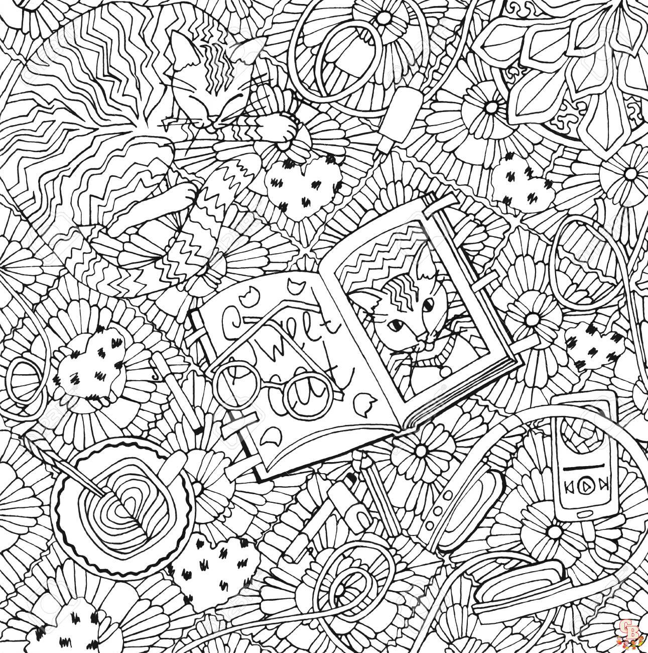 Coloring Book for children and for adults. Colouring pictures with cat, sketchbook "Sweet cat", plaid. Antistress freehand sketch drawing. coloriage aesthetic