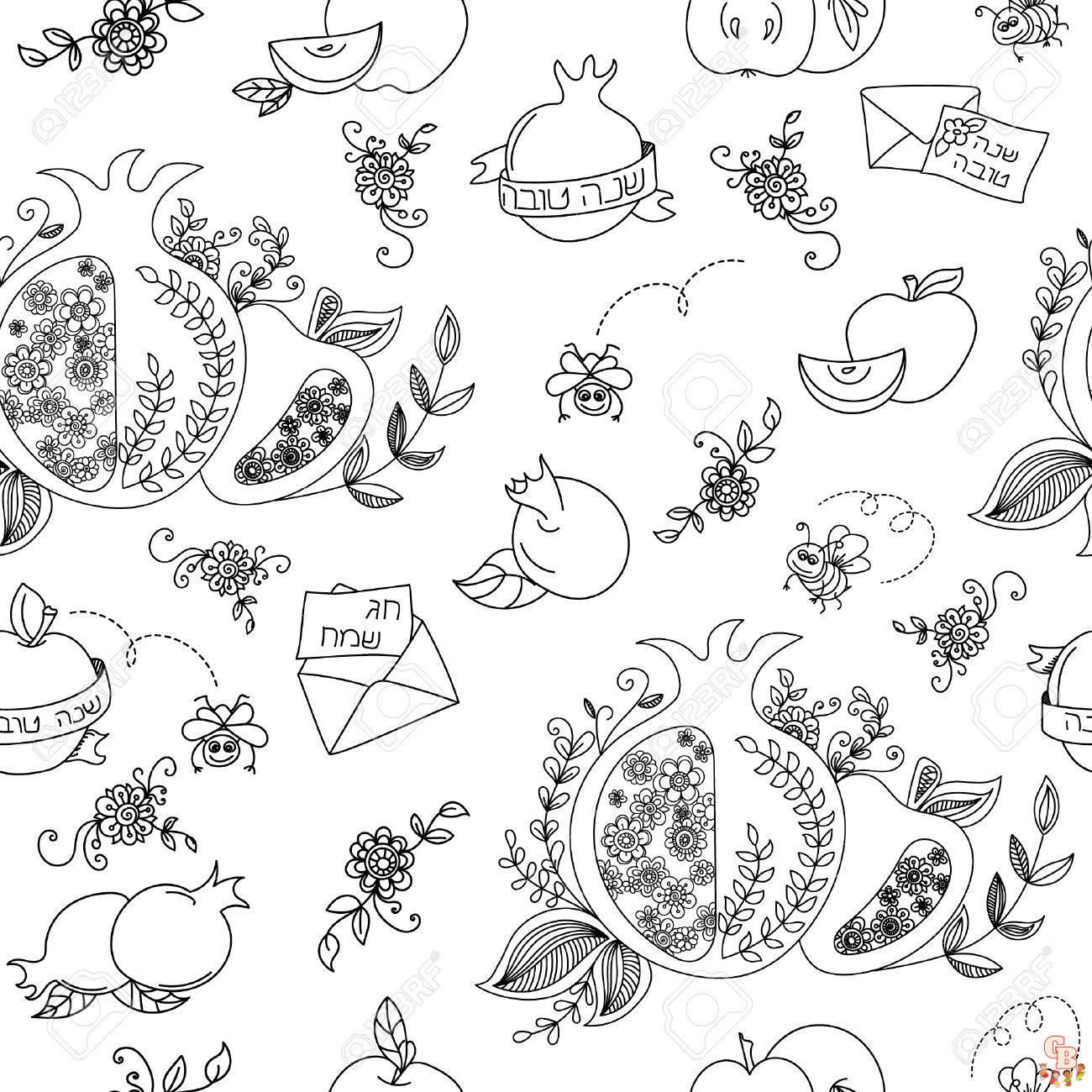 Seamless pattern with apples and honey. Hand drawing vector illustration coloriage roch hachana