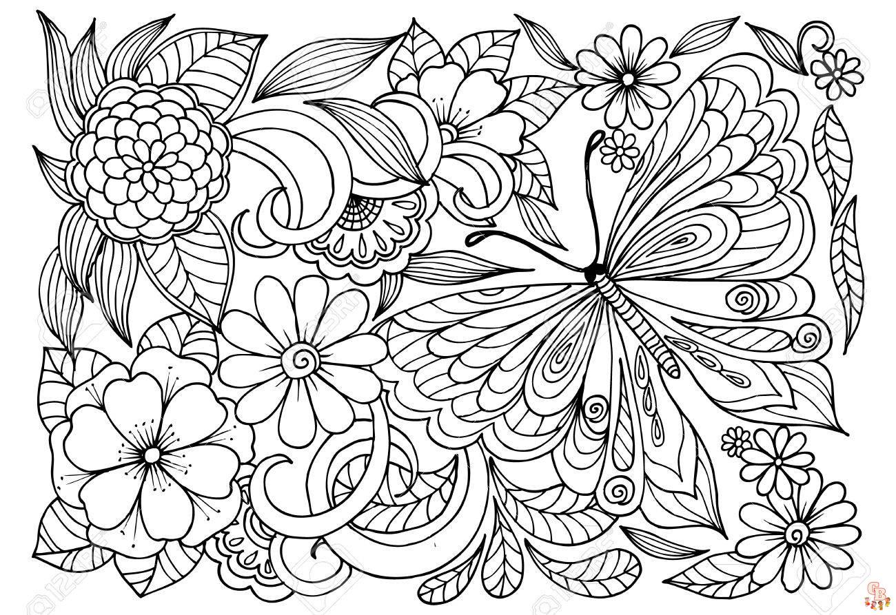 Black and white flower pattern with butterfly for adult coloring Coloriage Adulte Papillon