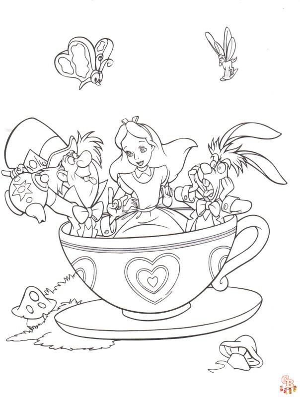Dessin Alice, le chapelier Toqué et le lièvre dans une tasse Coloriage Alice