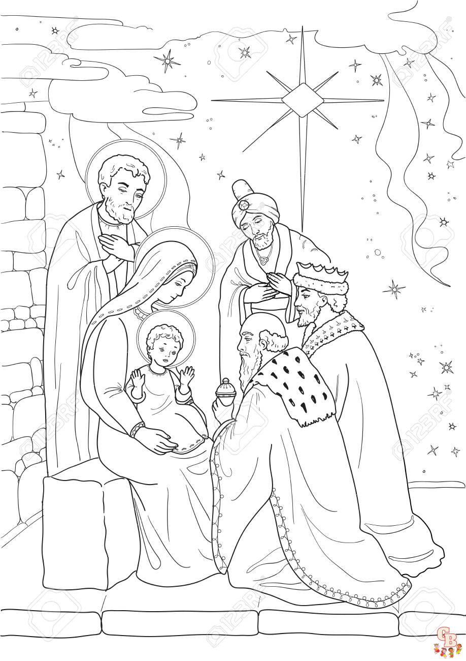 Christmas. Coloring page with baby Jesus, Mary Joseph, three wis Coloriage Joseph Marie et le nouveau petit bebe