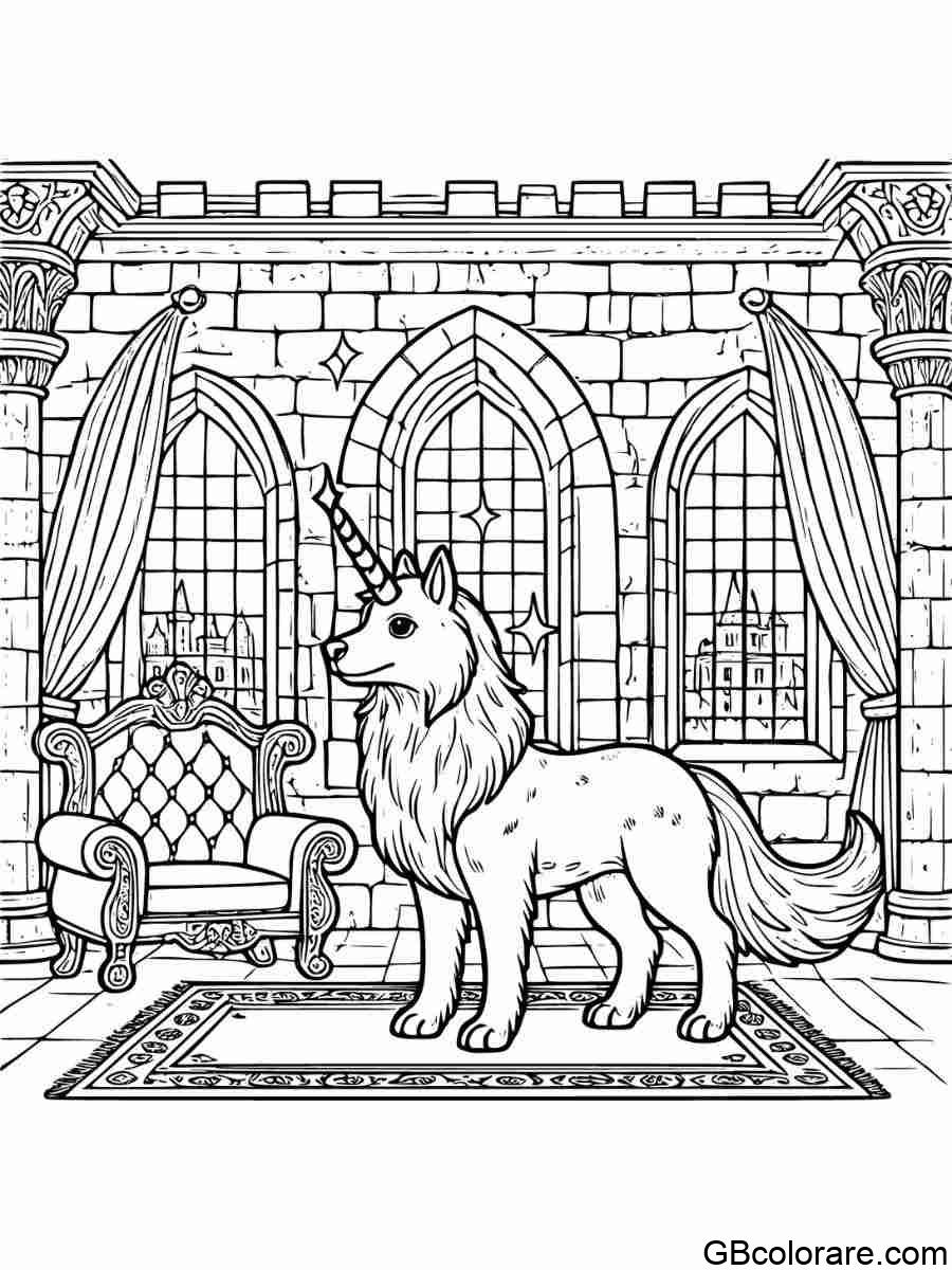 Cane unicorno da colorare con corna luminose in castello