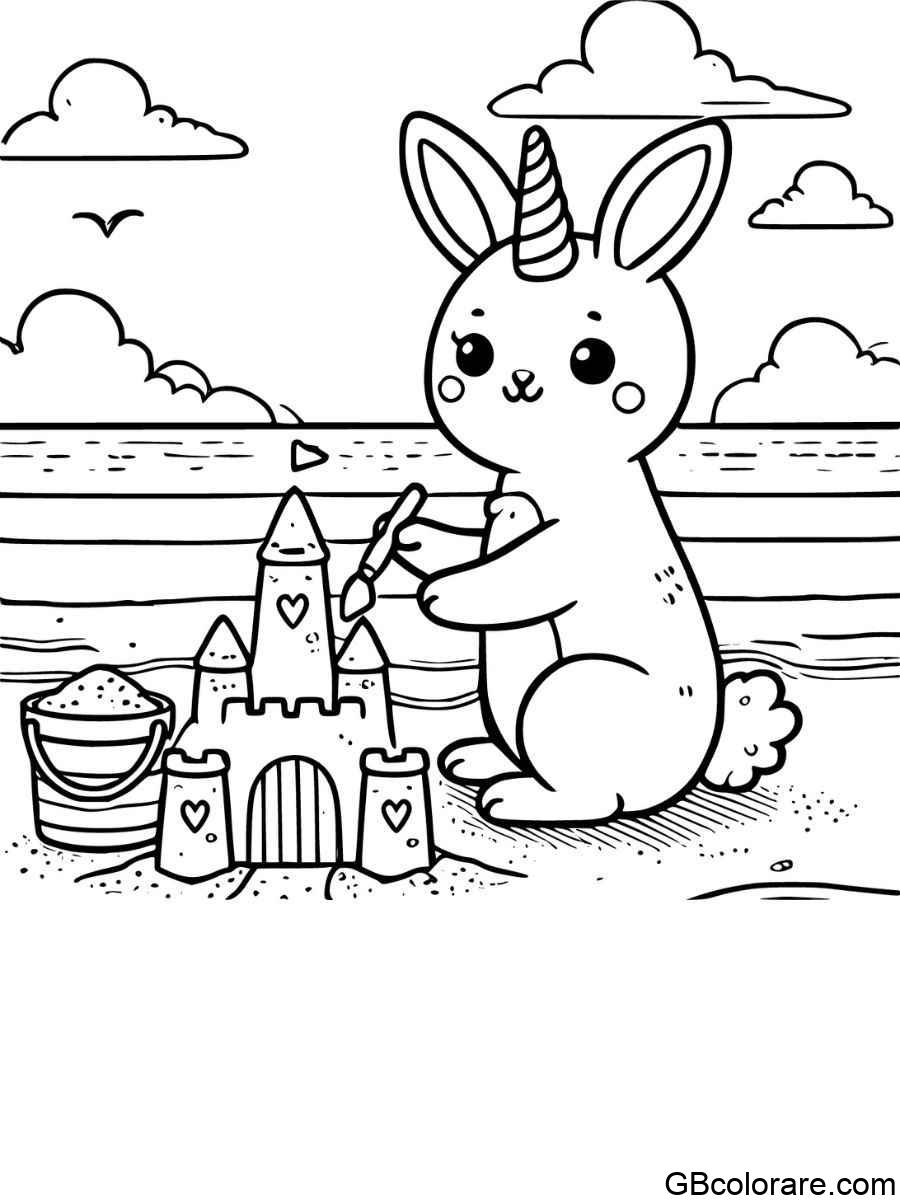 Coniglio unicorno da colorare su una spiaggia costruendo un castello