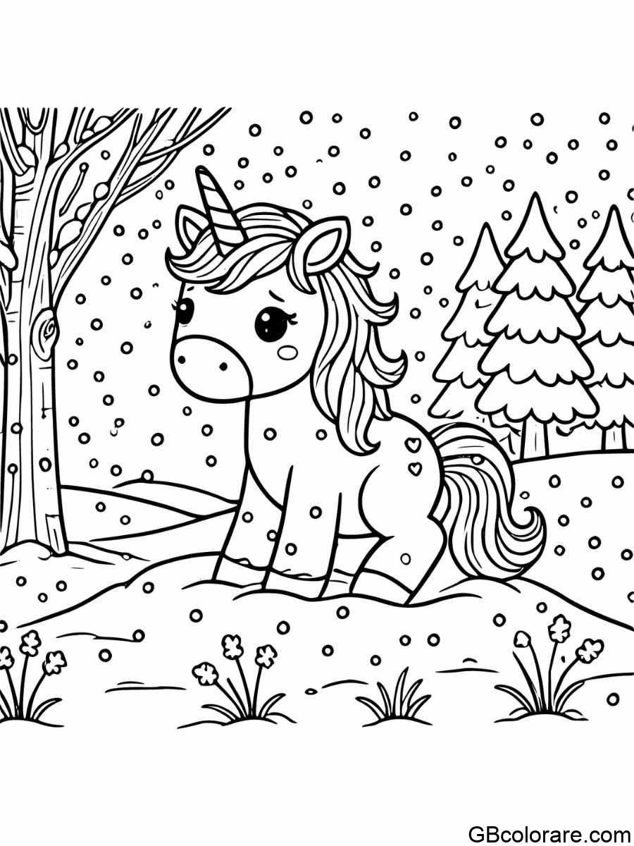 Unicorno triste in una scena di neve con disegni da colorare