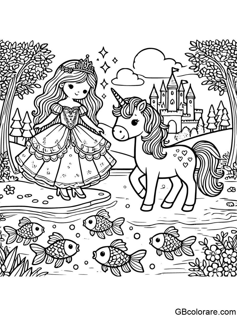 Unicorno con principessa da colorare vicino al lago cristallino