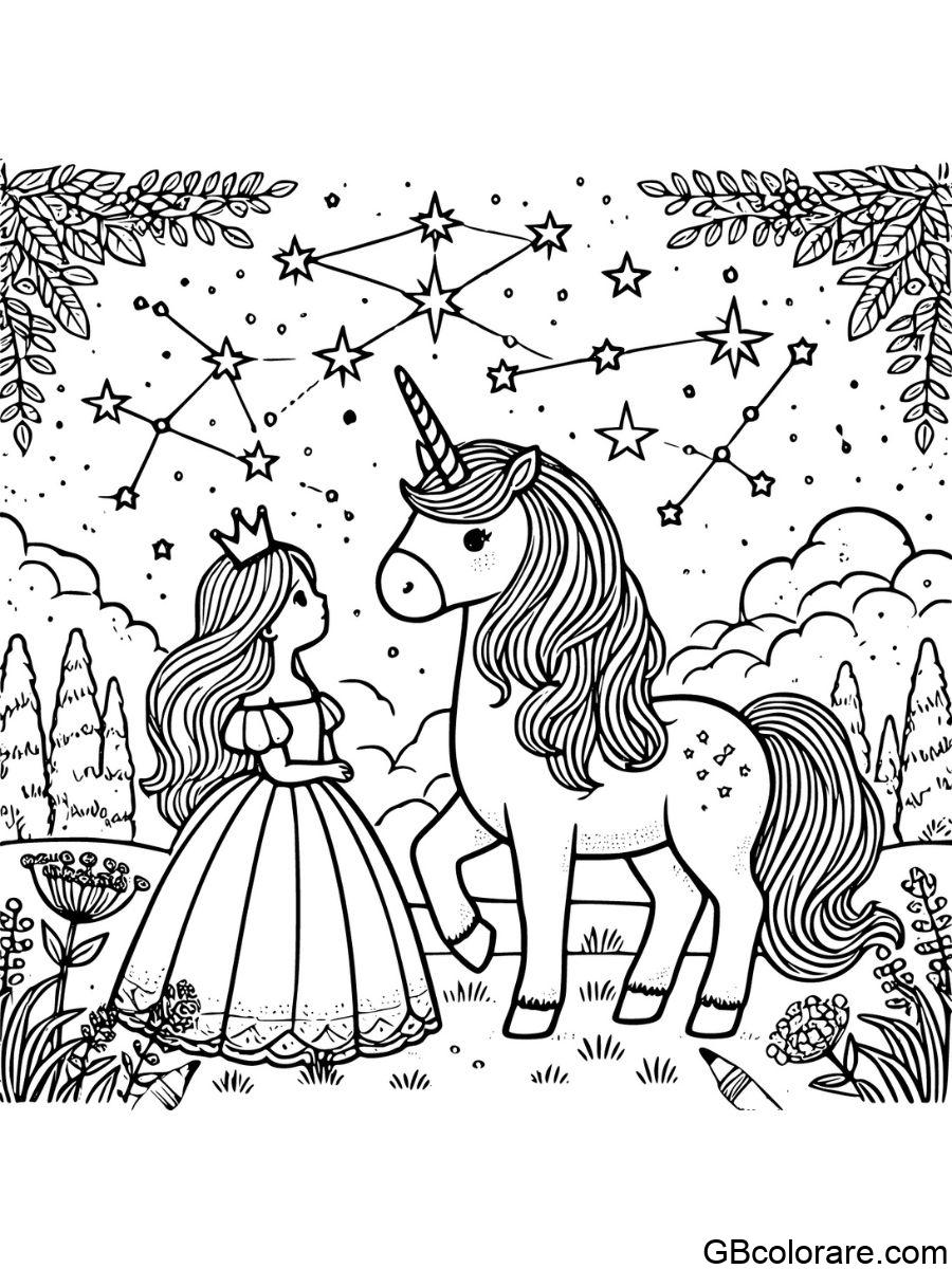 Disegno di unicorno con principessa da colorare sotto stelle