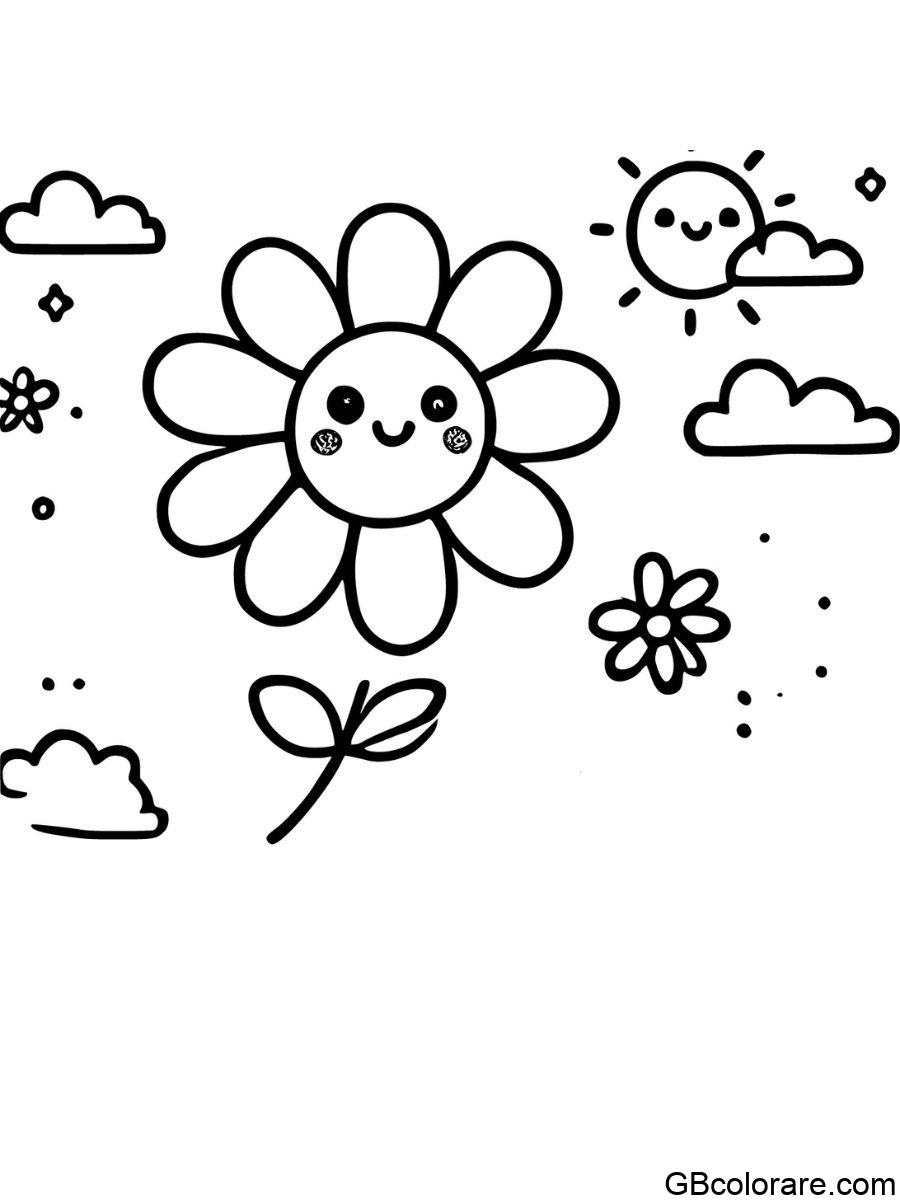 Fiore sorridente con sole e nuvole. Fiori da colorare per bambini