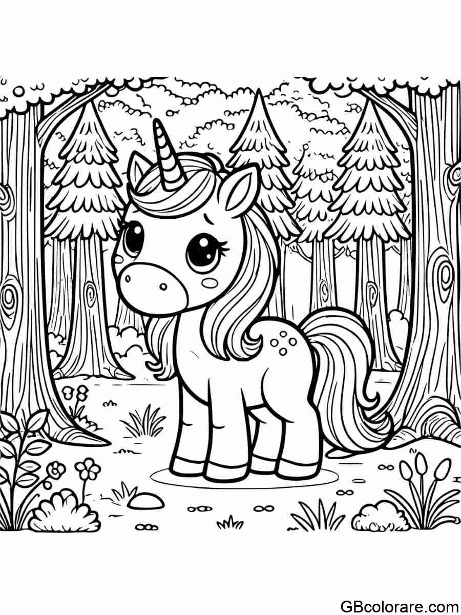 L'unicorno triste disegni da colorare in una foresta