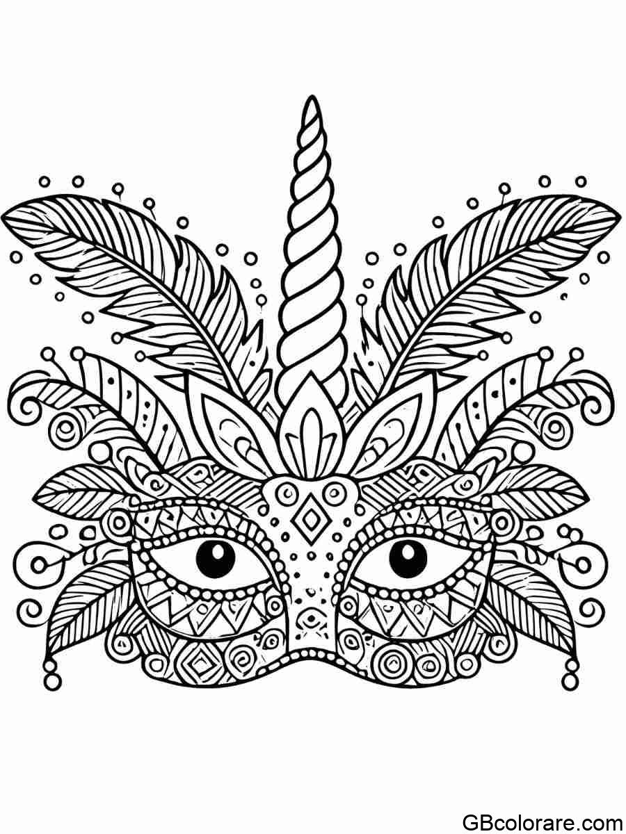 Disegno di maschera unicorno da colorare con dettagli elaborati