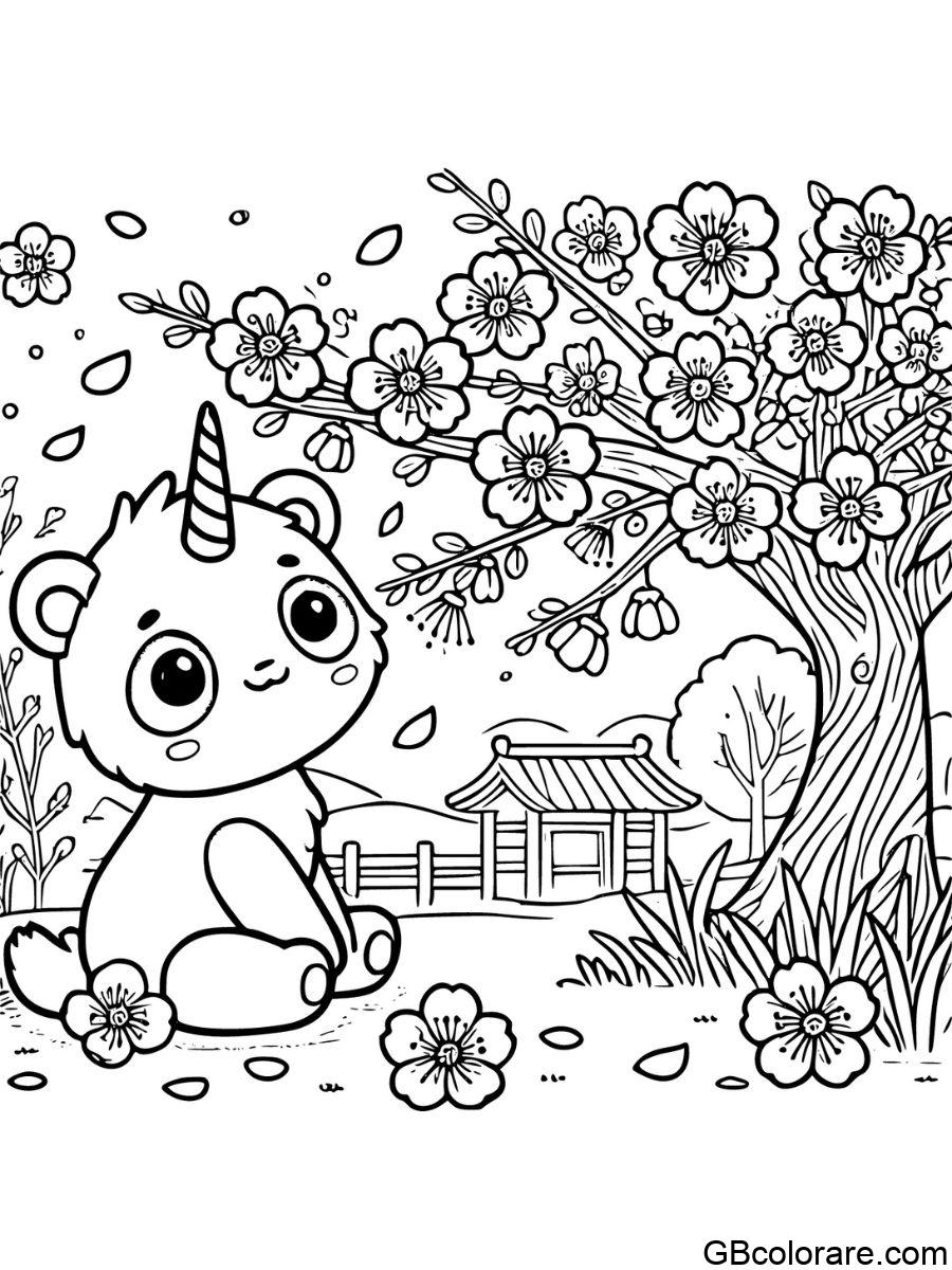 Panda unicorno da colorare con fiori di pesco