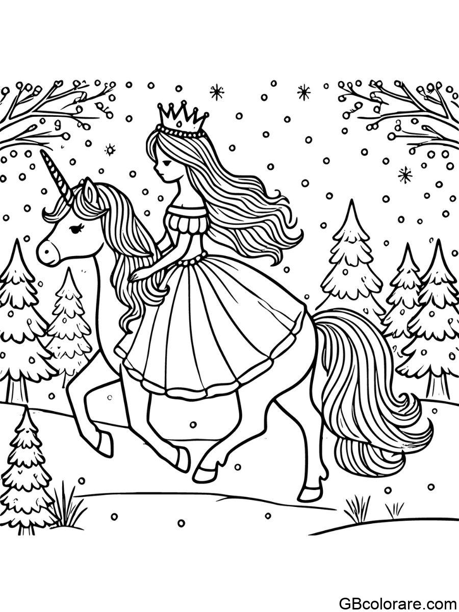 Disegno principessa e unicorno da colorare nella neve