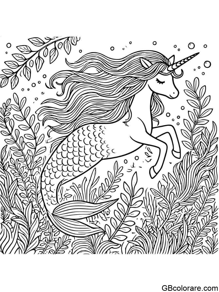 Disegno Sirena Unicorno da Colorare con Alghe Verdi