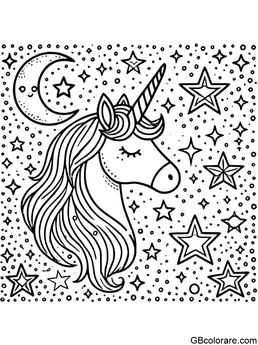 Testa unicorno da colorare, stelle e luna sullo sfondo