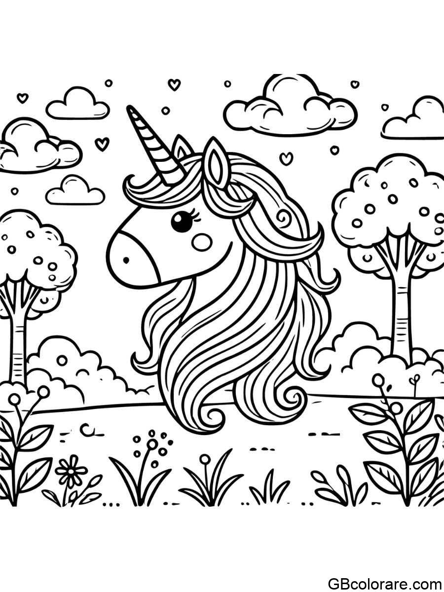 Unicorno da colorare con bionda nel giardino