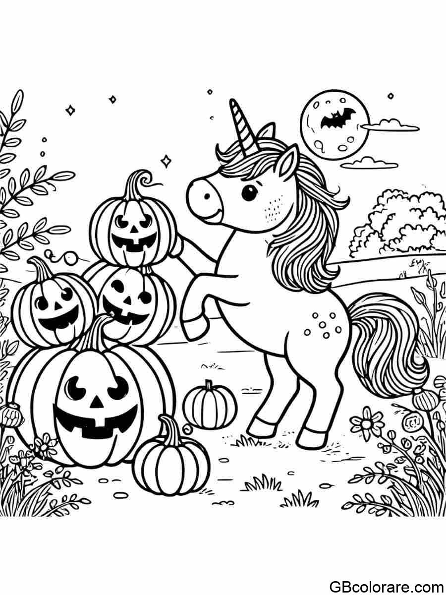 Unicorno Halloween da colorare con zucche intagliate