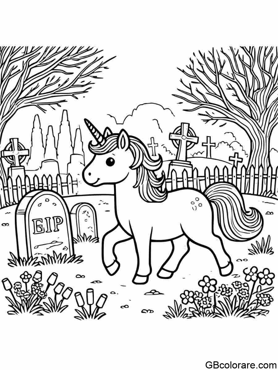 Unicorno Halloween da colorare tra vecchie tombe in cimitero