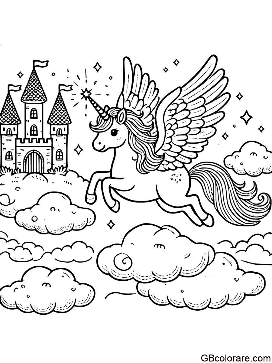 Unicorno alato da colorare in volo verso il castello
