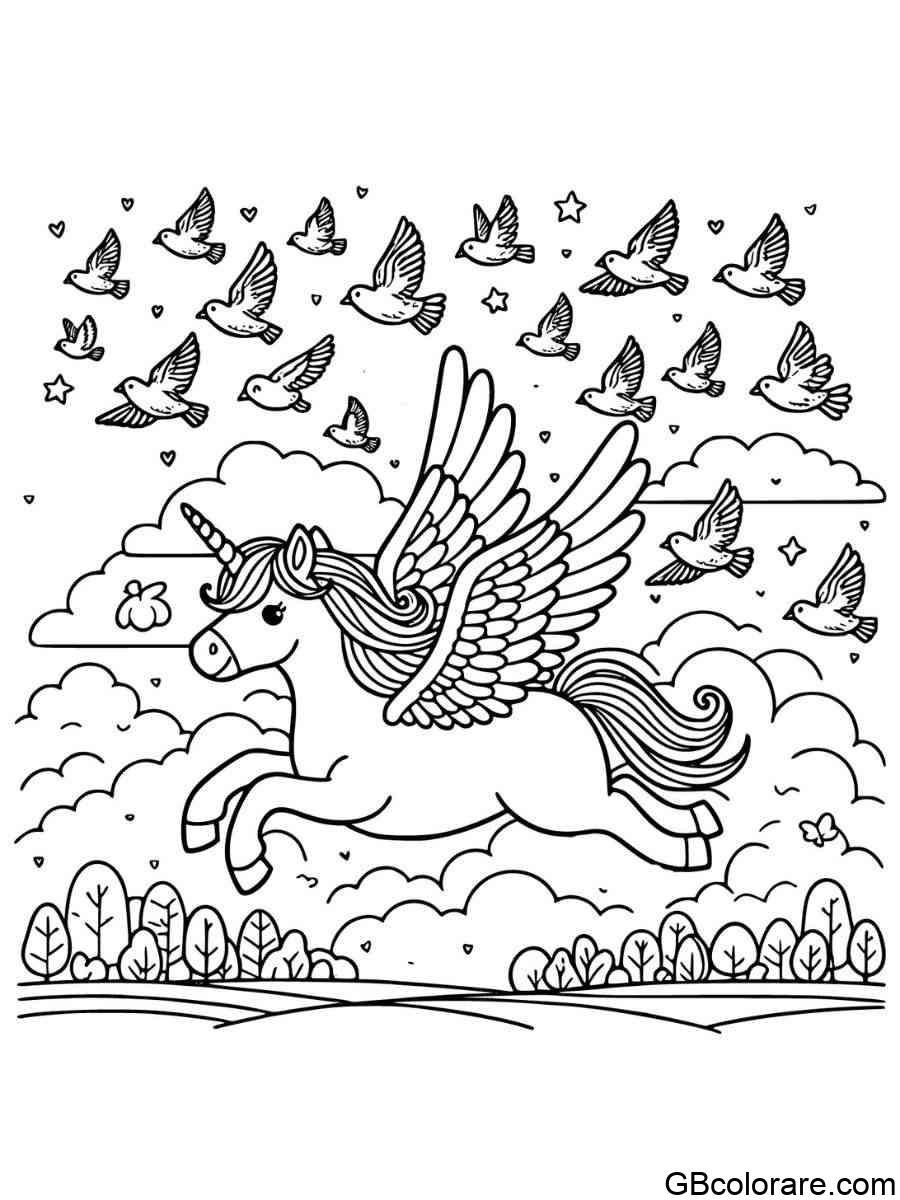 Unicorno che vola da colorare con uccelli migratori