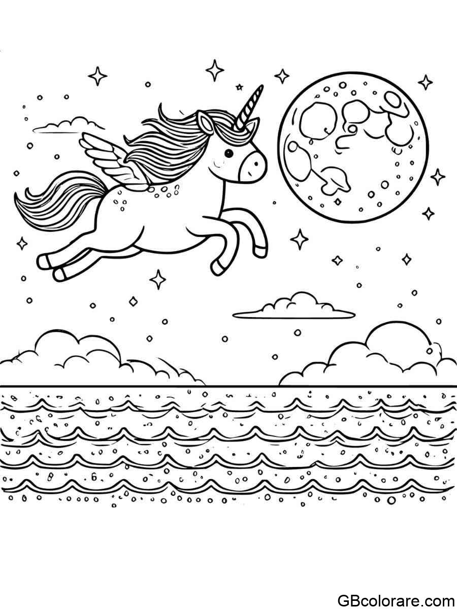 Unicorno che vola da colorare sopra il mare sotto la luna