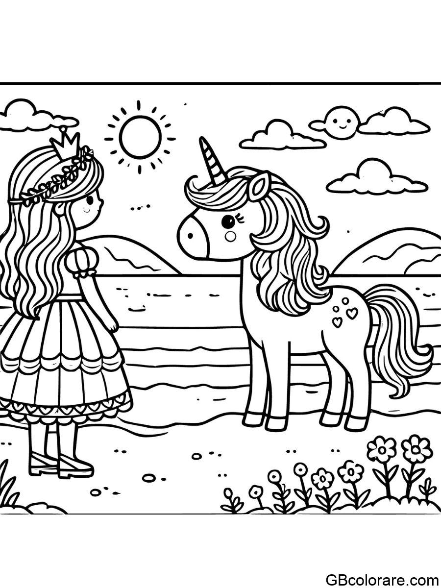 Unicorno con Principessa da Colorare guardano il mare