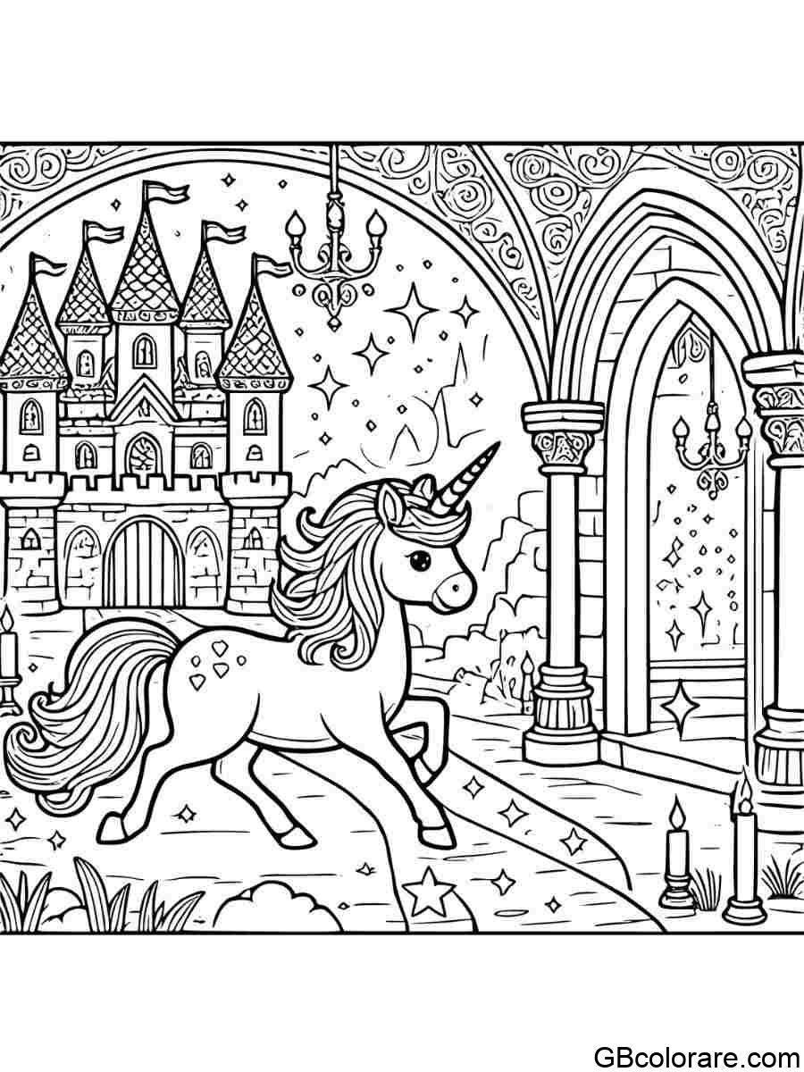 Unicorno con castello da colorare nel corridoio magico