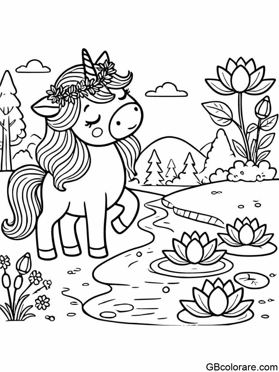 Unicorno con fiori da colorare vicino al ruscello