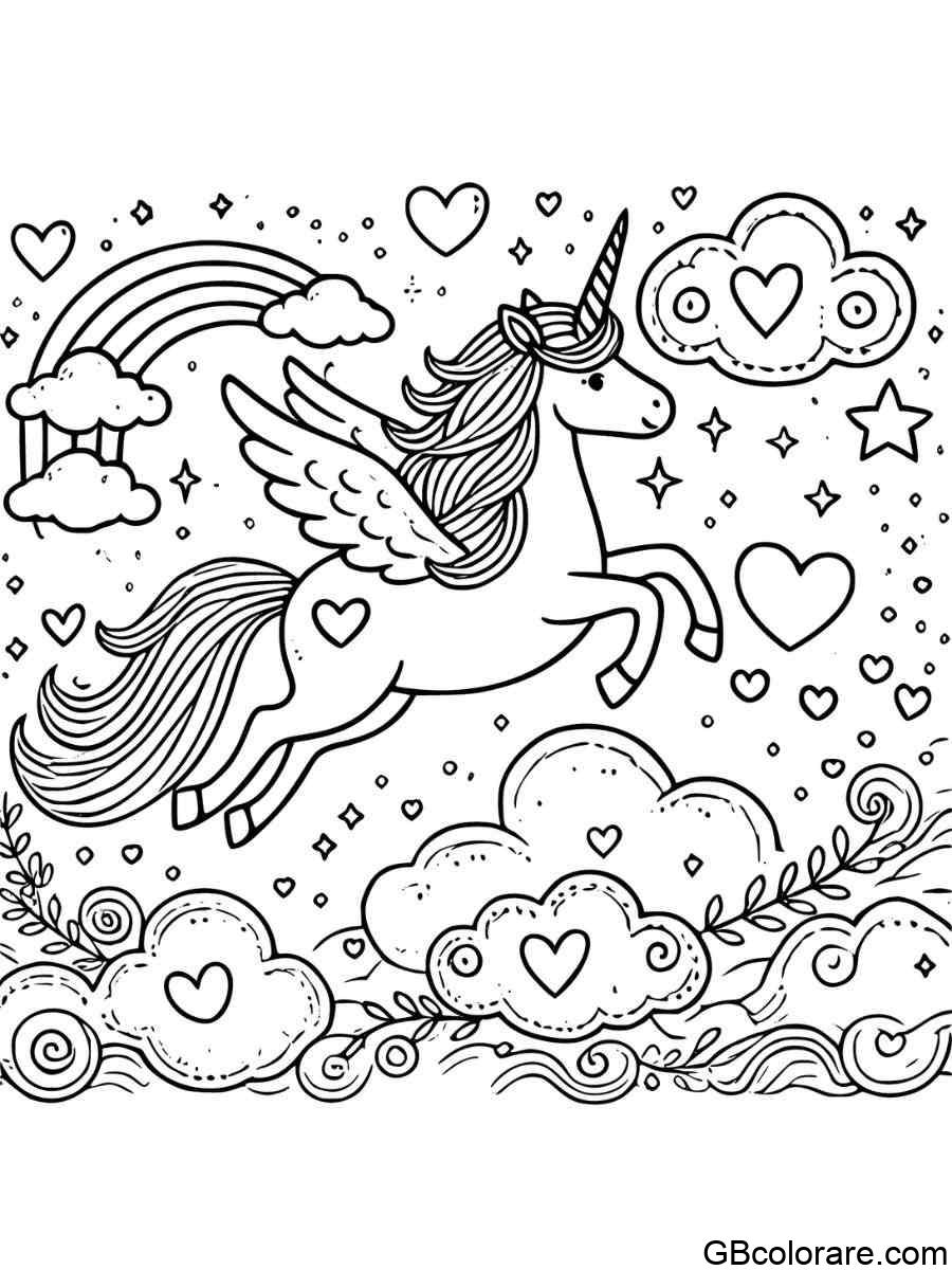 Unicorno con cuori da colorare volando tra cuori e nuvole