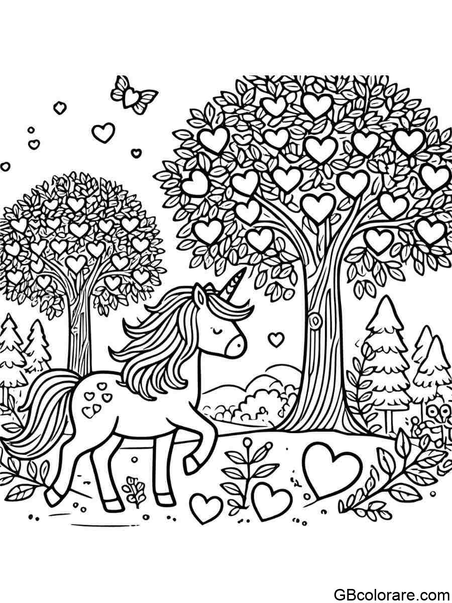 Unicorno con cuori da colorare tra alberi con foglie a cuore