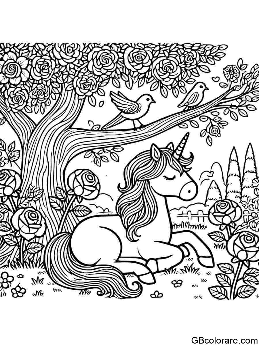 Unicorno con fiori da colorare nel giardino di rose