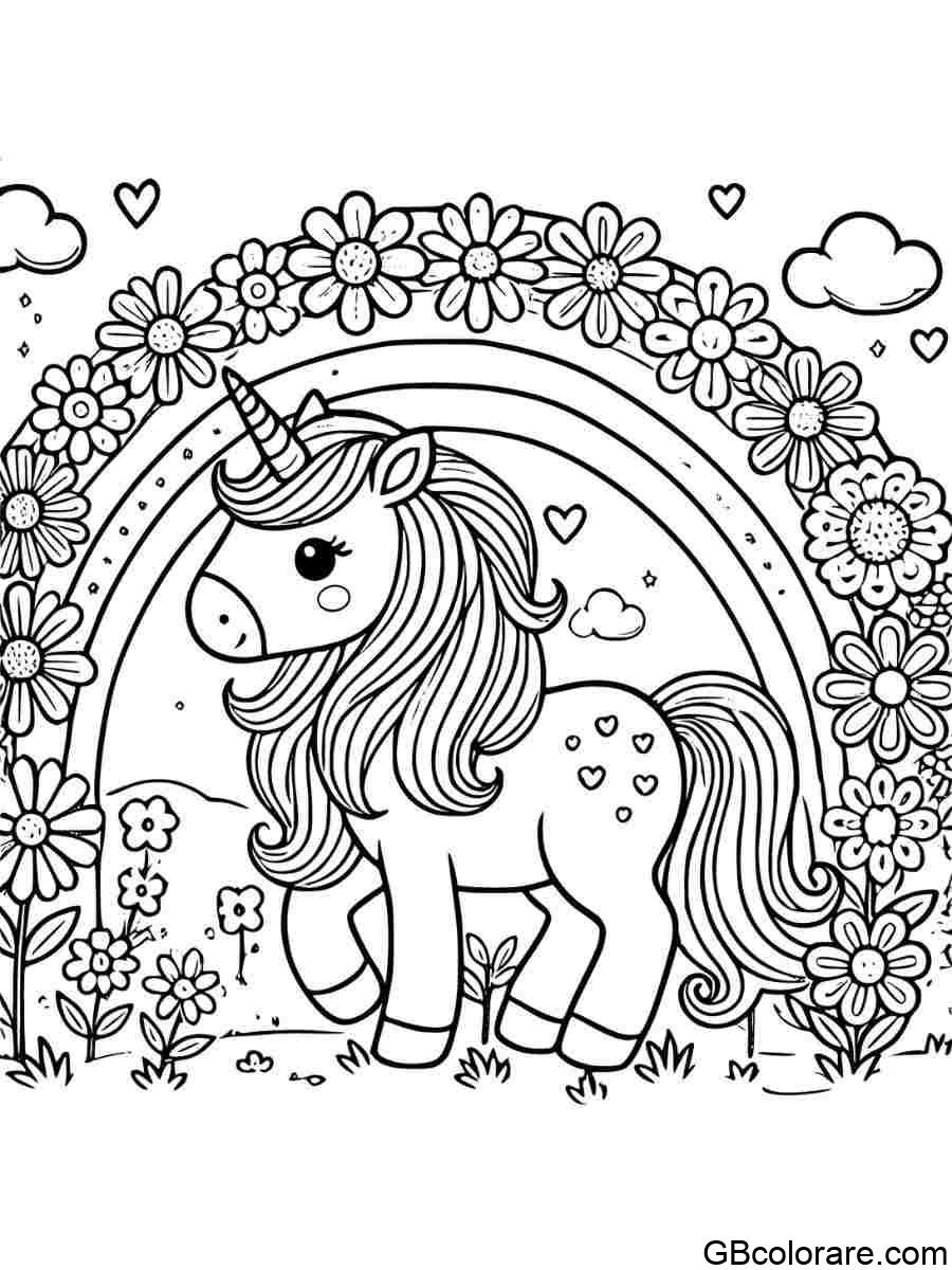 Unicorno con fiori di diversi colori sotto un arcobaleno