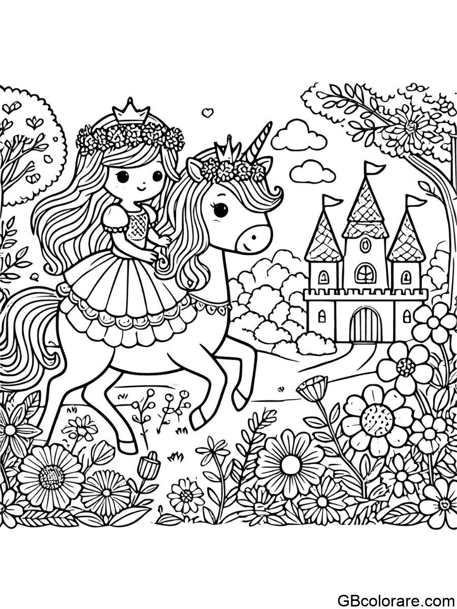 Disegno unicorno con principessa da colorare nel giardino