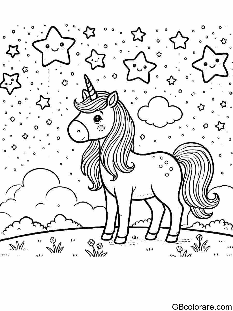 Unicorno da colorare in uno spazio pieno di stelle