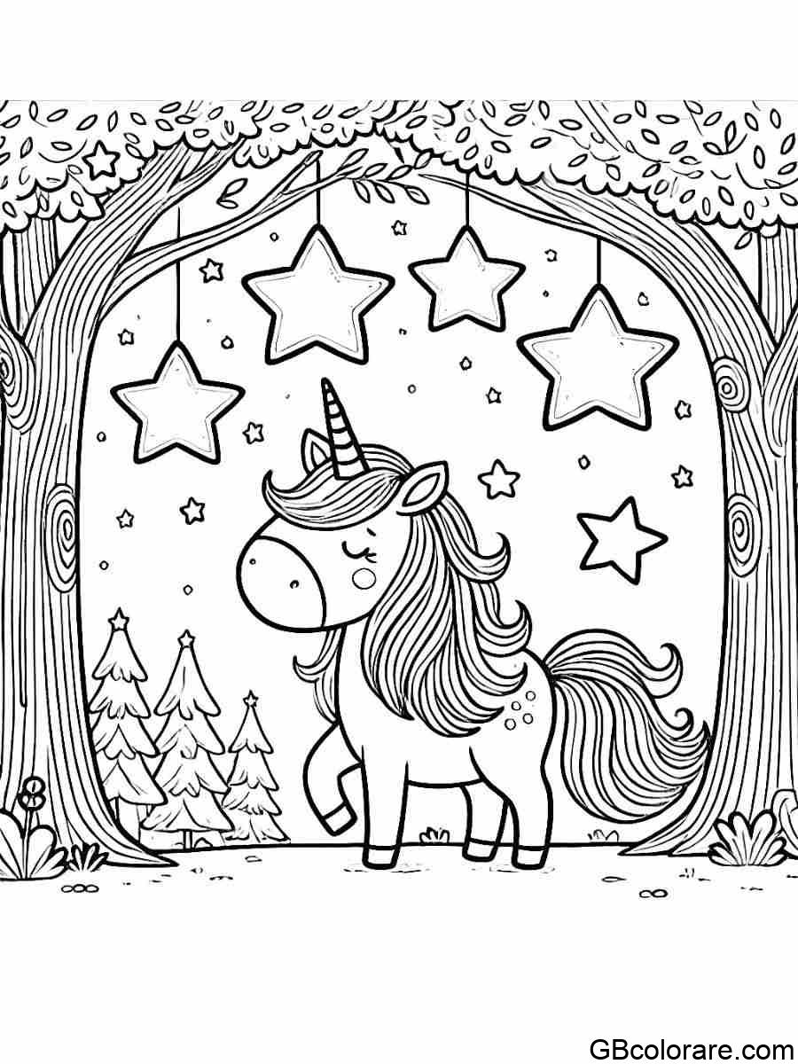 Unicorno da colorare sotto un portale con stelle e cielo stellato