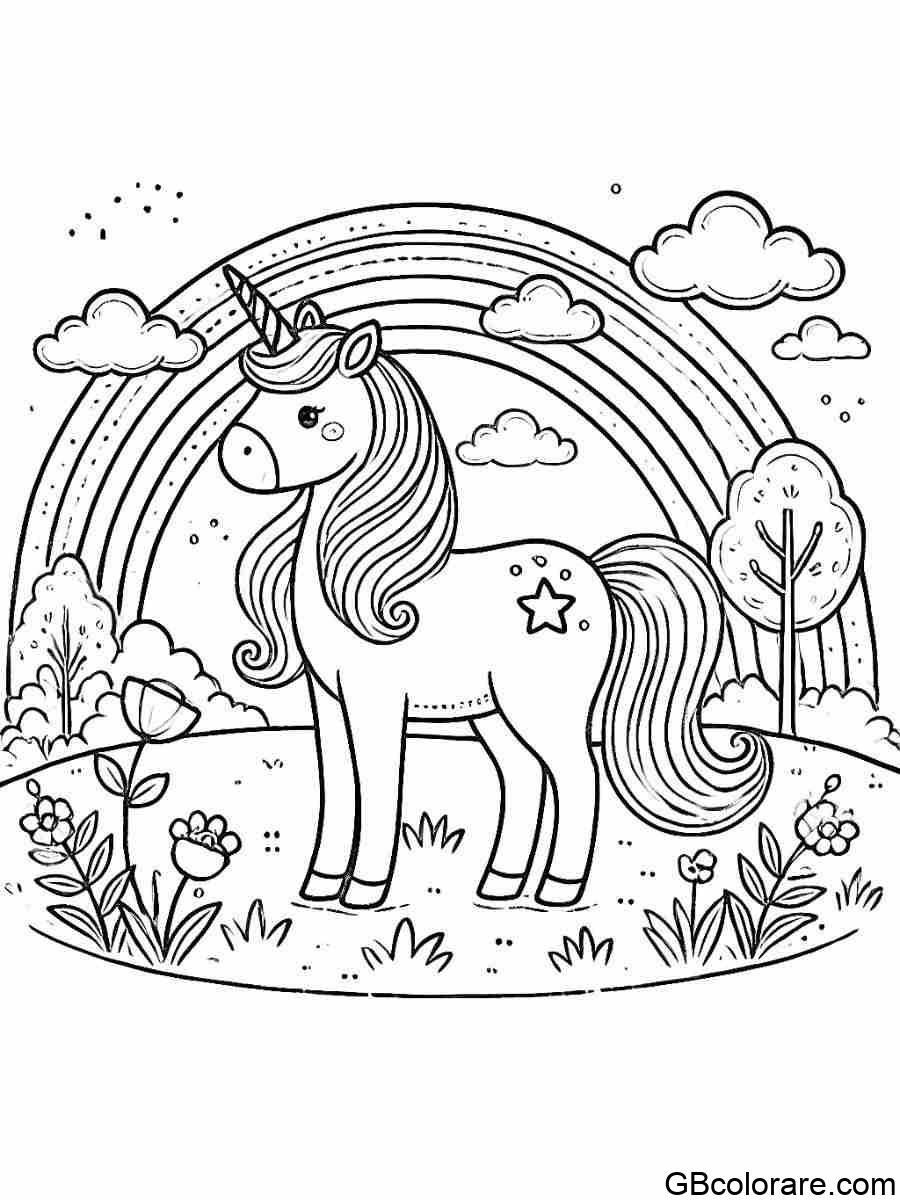 Unicorno da colorare sotto l'arcobaleno e cielo con nuvole