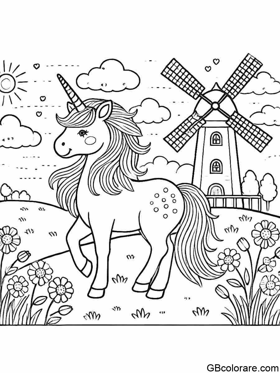 Unicorno da colorare che passeggia vicino a un mulino a vento