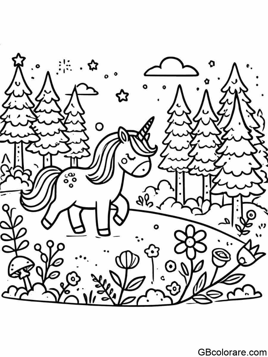 Unicorno tra pini e neve - da colorare