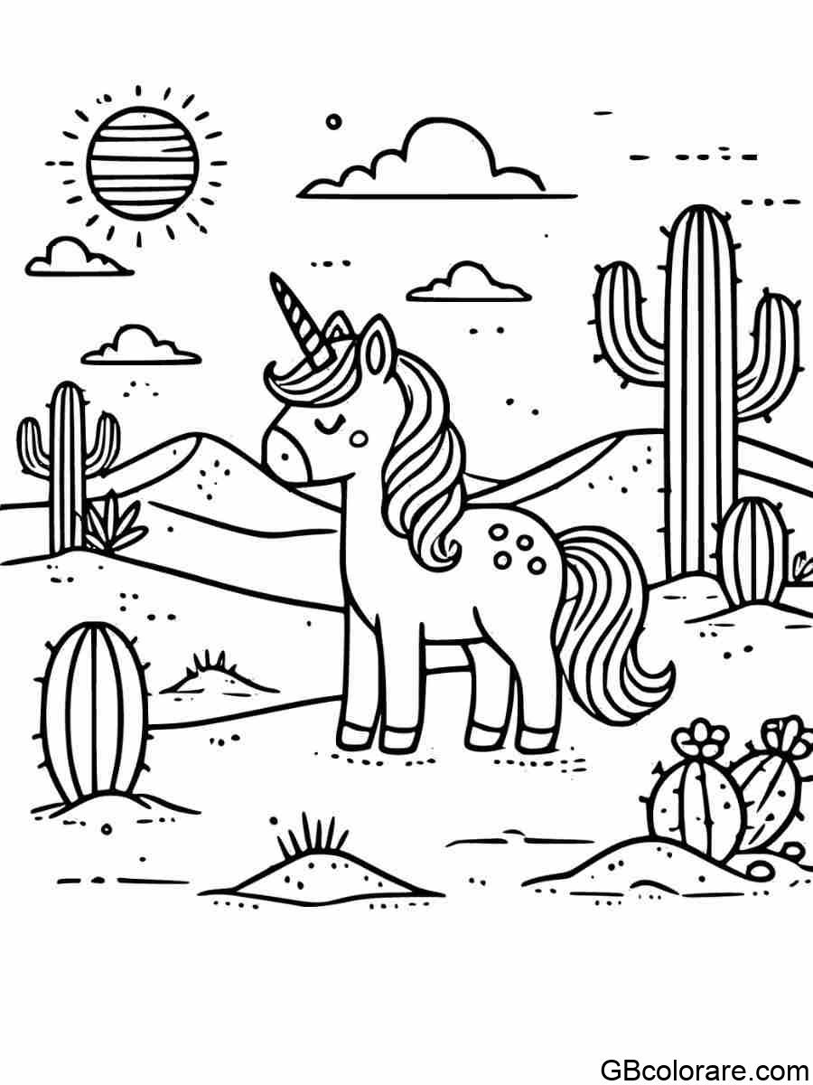 Unicorno da colorare nel deserto