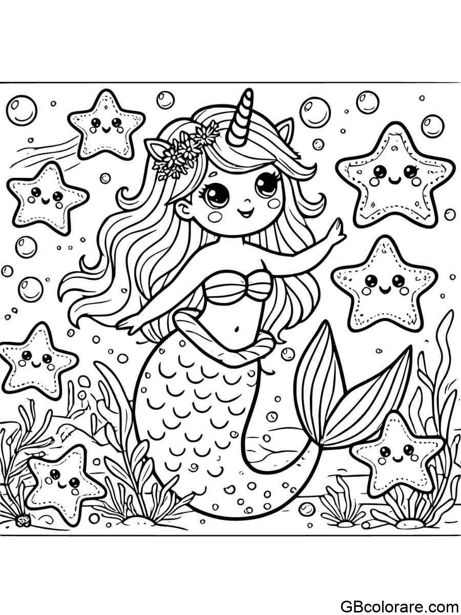 Unicorno sirena da colorare con stelle marine colorate