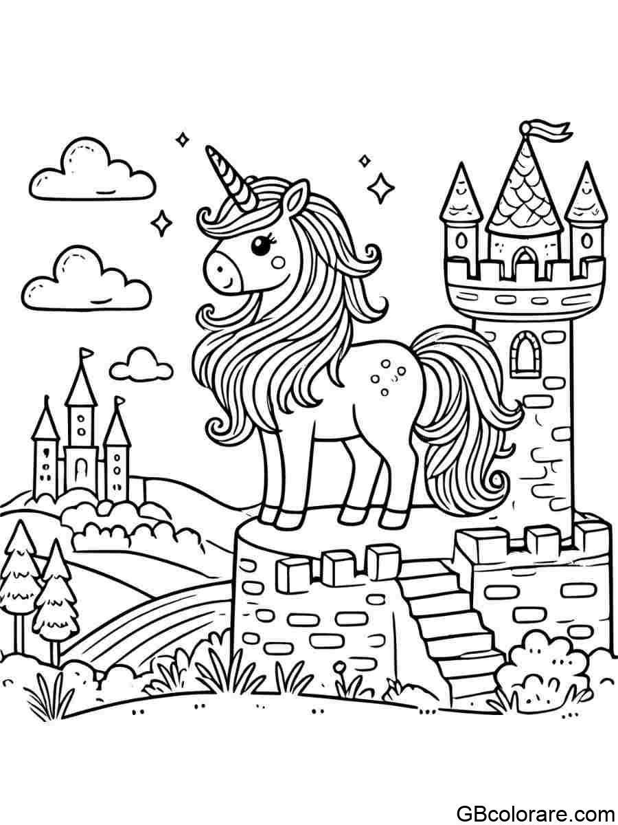 Unicorno su torre del castello da colorare