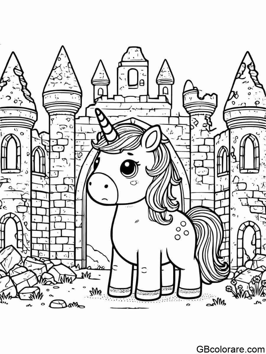 Unicorno triste nel castello abbandonato - disegni da colorare