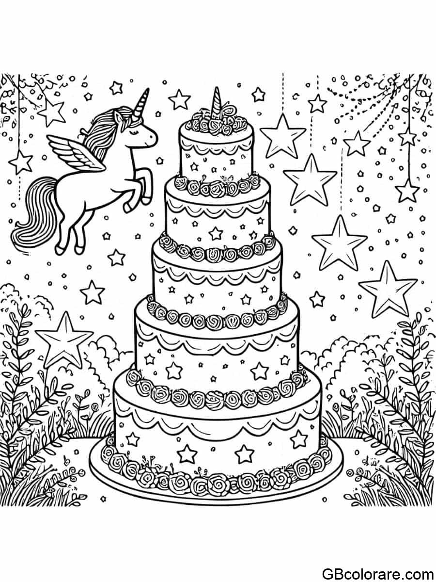 Unicorno con stelle decorato su una torta di compleanno